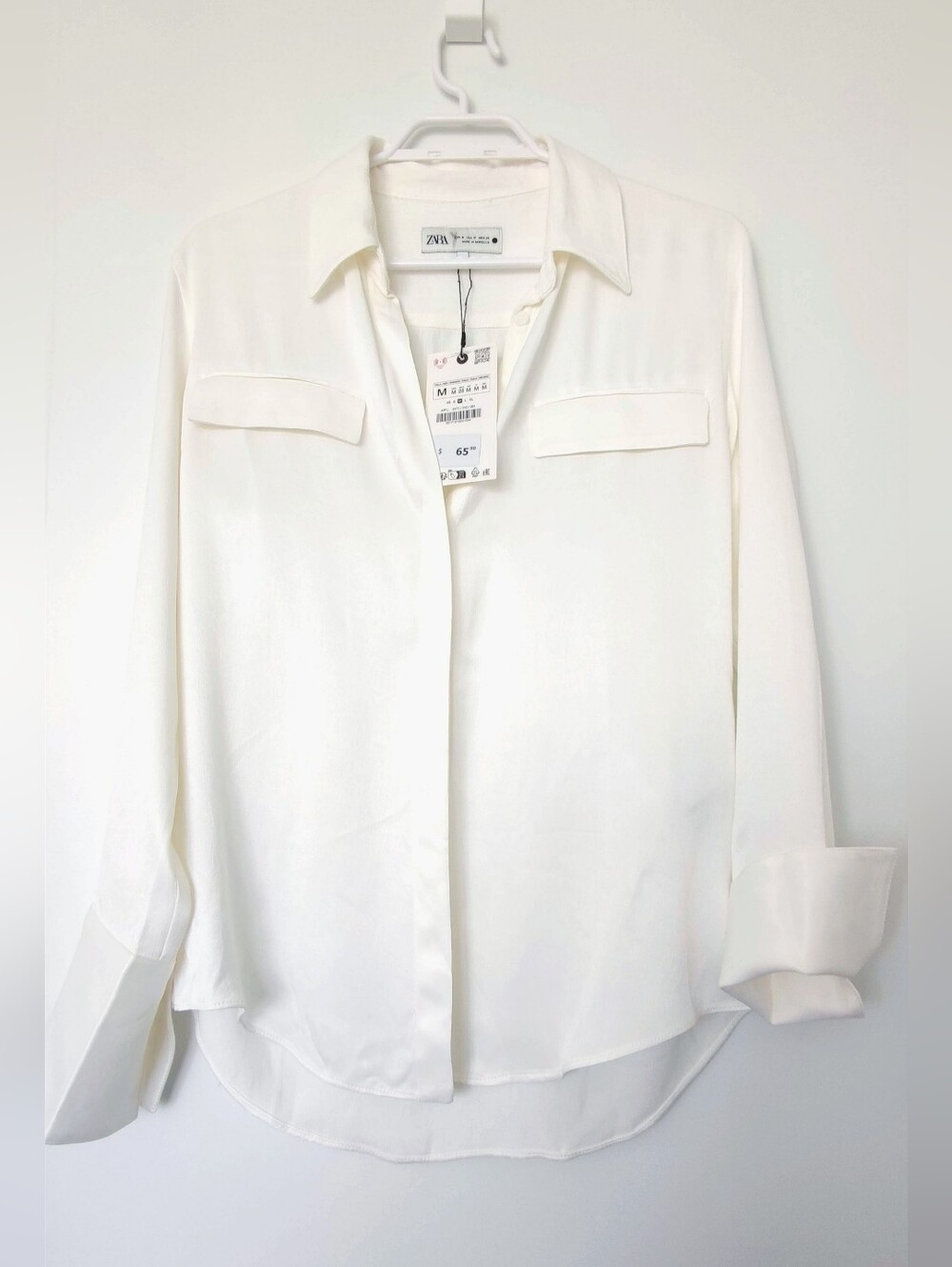 NWT Zara 100% Viscose Satin Hidden Button Blouse White (Size M)